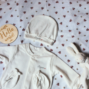 Ensemble naissance blanc 3 pièces en 100% coton, personnalisable