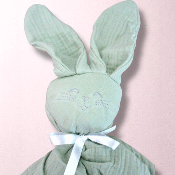 Doudou lapin gaze de coton personnalisé rose vert d'eau