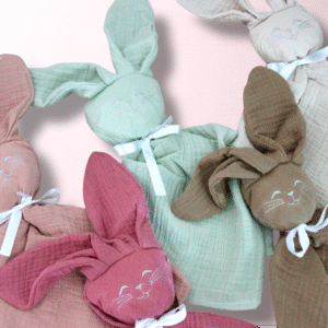 Doudous lapin gaze de coton personnalisé plusieurs coloris cadeau naissance bébé