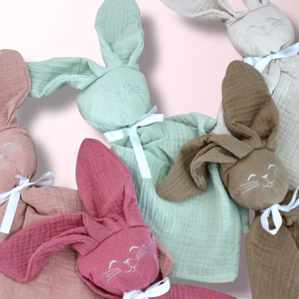 Doudous lapin gaze de coton personnalisé plusieurs coloris cadeau naissance bébé