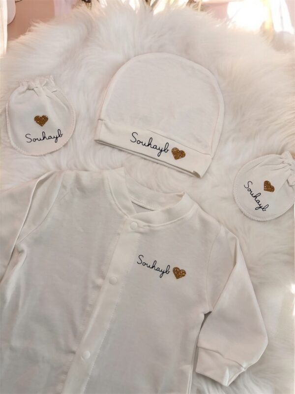 Ensemble naissance blanc 3 pièces en 100% coton, personnalisable